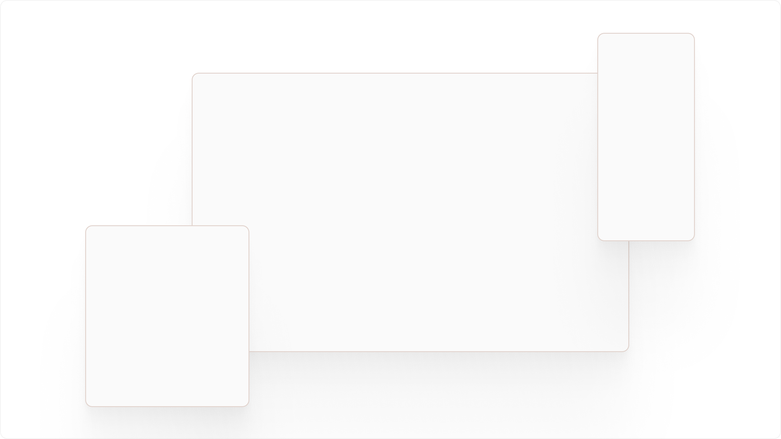 Responsive frame placeholders showing desktop, tablet, and mobile adaptation.
