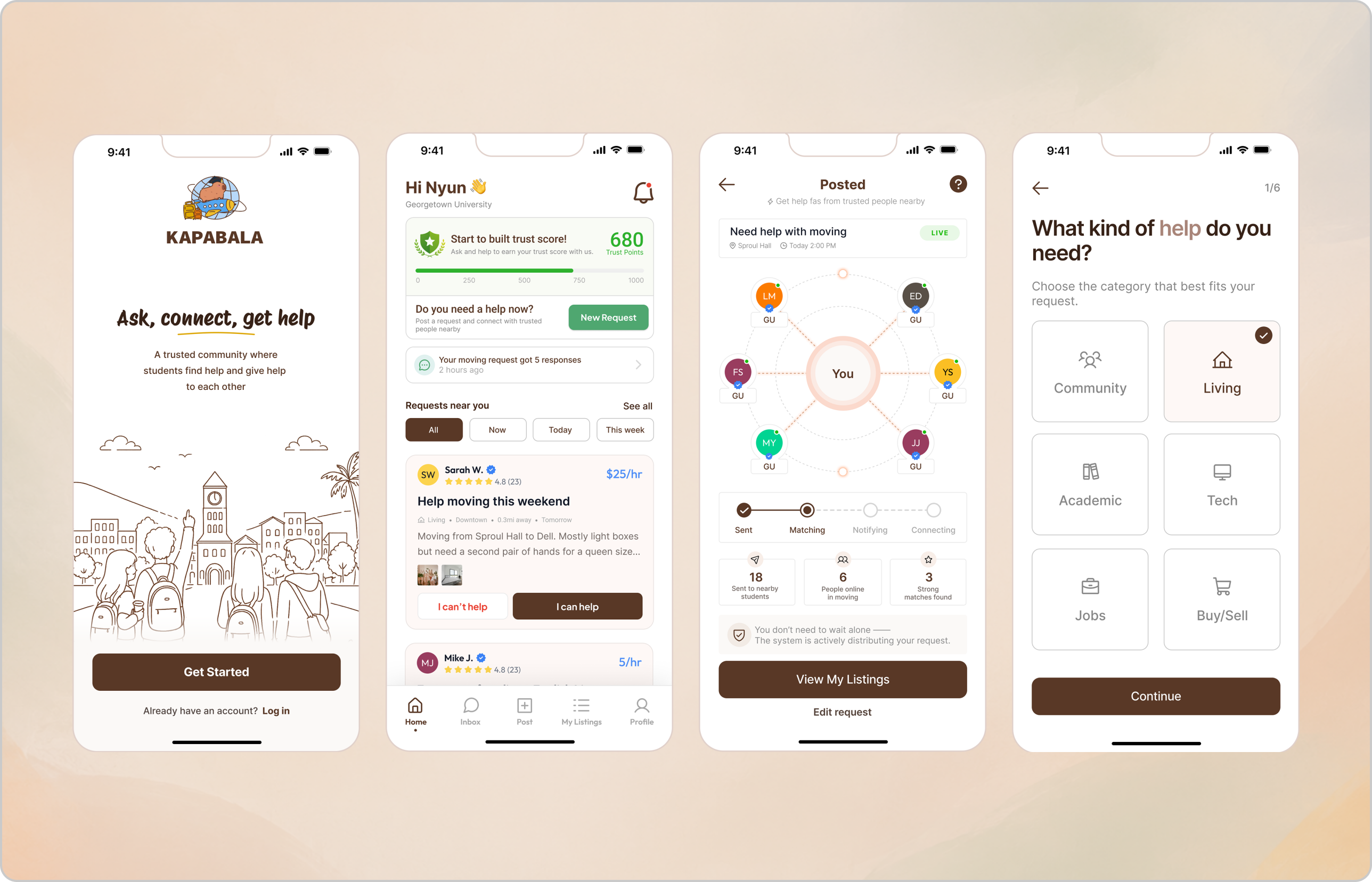 Kapabala mobile app screens showing onboarding, home, matching status, and request creation.