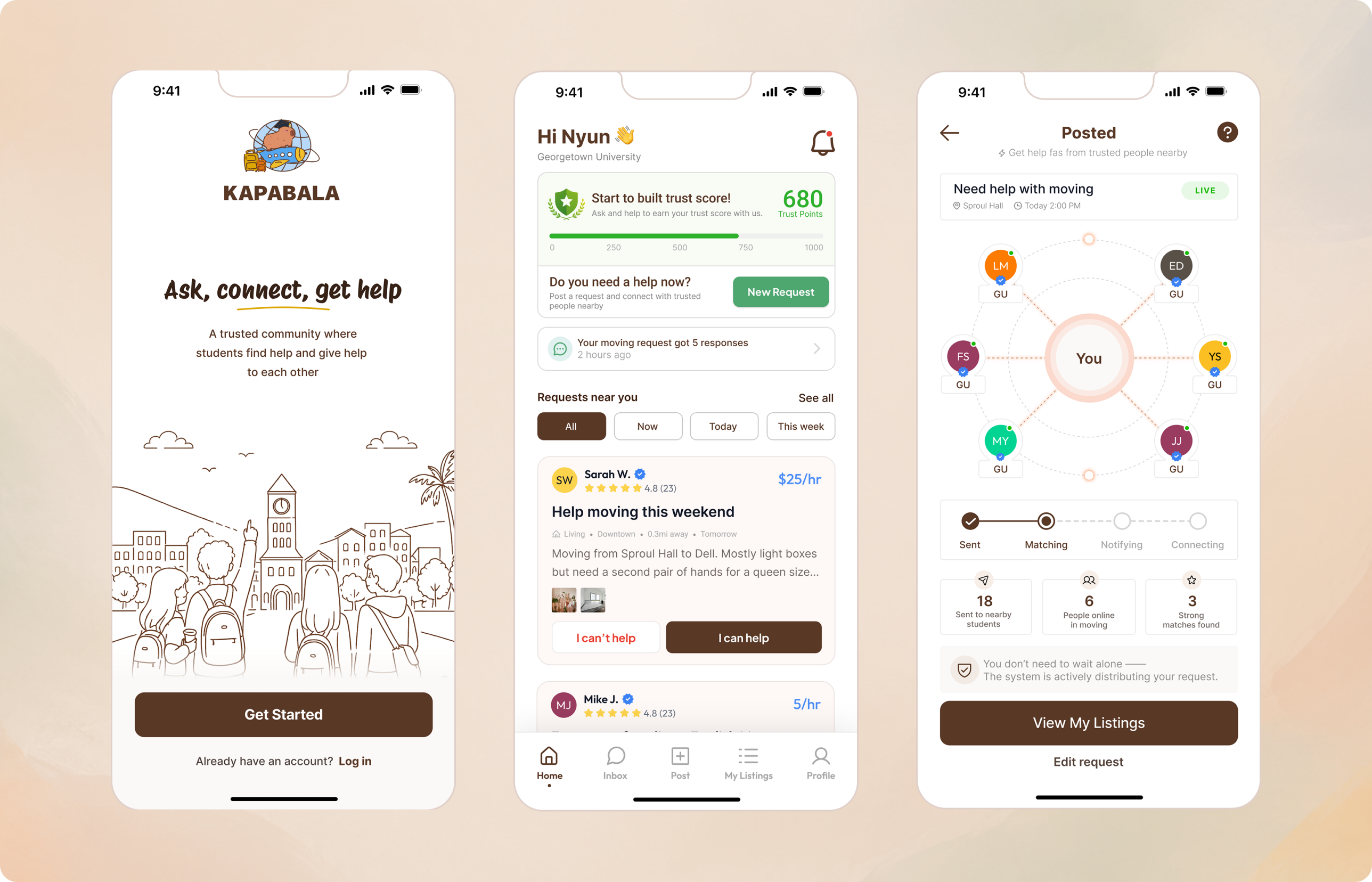 Kapabala mobile app screens showing the connection system.